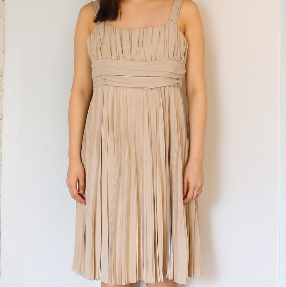 Anne Klein Dress Fit Flare Baby Doll Midi Size 12P Beige Pleated Lined Summer